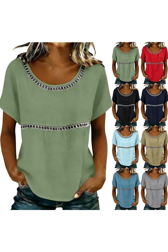 Summer Tops for Women Short Sleeve Lace Patch Casual Dressy Blouses Trendy Shirts Round Neck Loose Fit Tunic Top Blue L