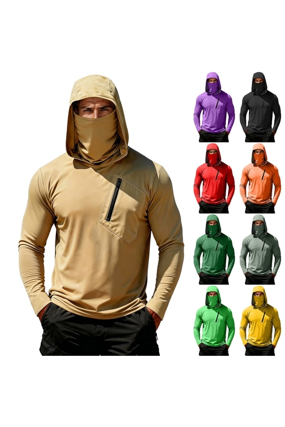 Sun Protection Fishing Shirts for Men Upf 50+ Long Sleeve Hoodie Tee Shirts 2026 Summer with Face Mask UV Rash Guard Hiking Tops Orange L