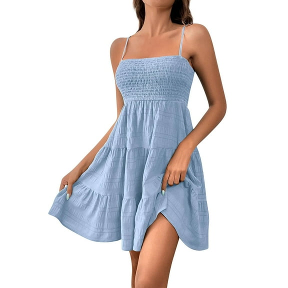 Qwertyu Sundresses for Women 2025 Summer Casual Short Skirt Smocked Ruffle Sleeveless Square Neck Mini Dress Light Blue S