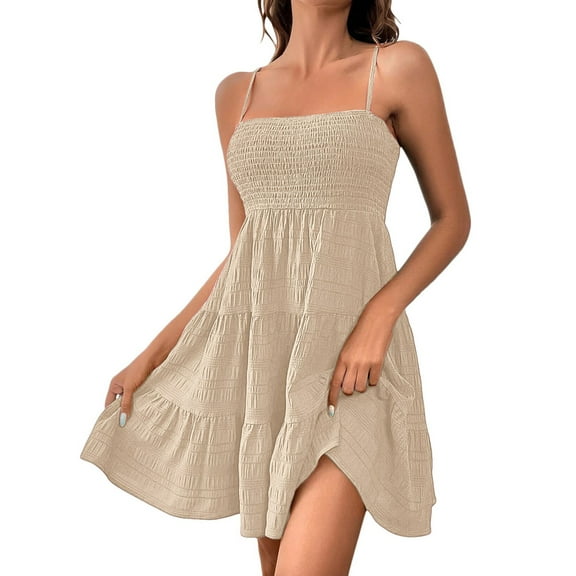 Qwertyu Sundresses for Women Smocked Spaghetti Strap Square Neck Mini Babydoll Dress Casual Summer Flowy Tiered Ruffle Dress Beige 2XL