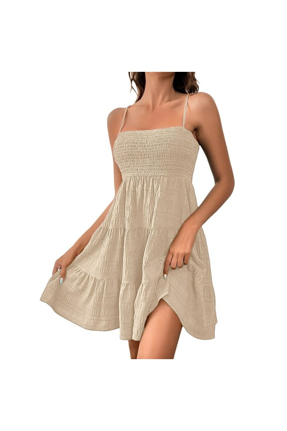Sundresses for Women Smocked Spaghetti Strap Square Neck Mini Babydoll Dress Casual Summer Flowy Tiered Ruffle Dress Beige M