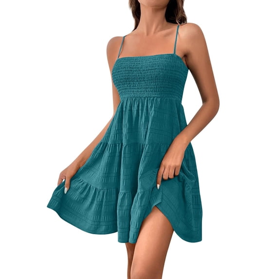 Qwertyu Women Summer Mini Dresses Square Neck Spaghetti Strap Dress Casual Sleeveless Smocked Sundress A Line Tiered Beach Dress Green M
