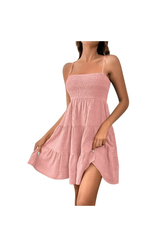 Sundresses for Women Smocked Spaghetti Strap Square Neck Mini Babydoll Dress Casual Summer Flowy Tiered Ruffle Dress Pink XL