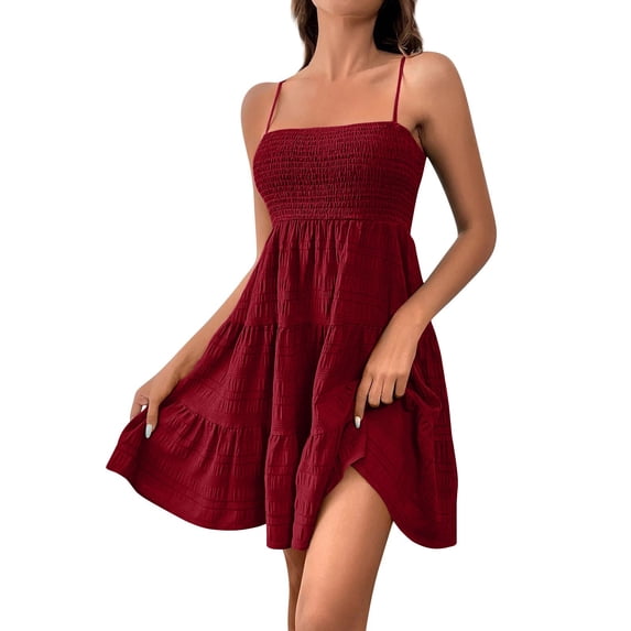 Qwertyu Women Summer Mini Dresses Square Neck Spaghetti Strap Dress Casual Sleeveless Smocked Sundress A Line Tiered Beach Dress Wine M