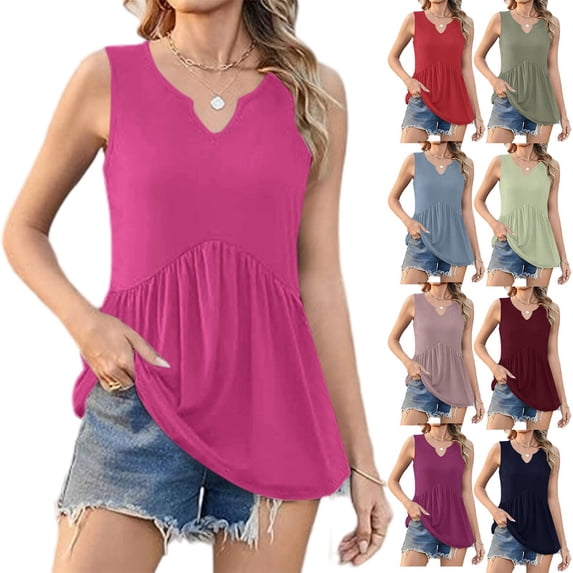 Qwertyu Tank Tops for Women Flowy V Neck Women Shirts Loose Fit Summer Boho Sleeveless Tops Hot Pink 2XL