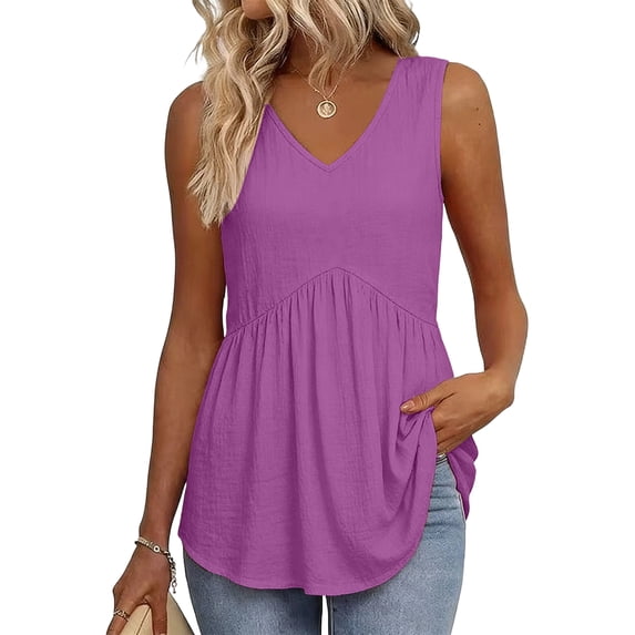 Qwertyu Tank Tops for Women Summer Babydoll Peplum Tops V Neck Sleeveless Shirts Dressy Casual Blouses Beach Vacation Clothes Purple 2XL
