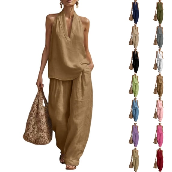 Qwertyu Two Piece Linen Sets for Women V Neck Halter Summer Outfits Sleeveless Tops Match Wide Leg Pants Cotton Linen Casual Two Piece Sets Black S