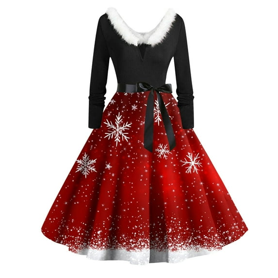 Qwertyu Ugly Christmas Dress Women Christmas Plaid Snowflake Graphic Plus Size Fall Dresses with Belt Knee-Length Christmas Prom Dress Red XL