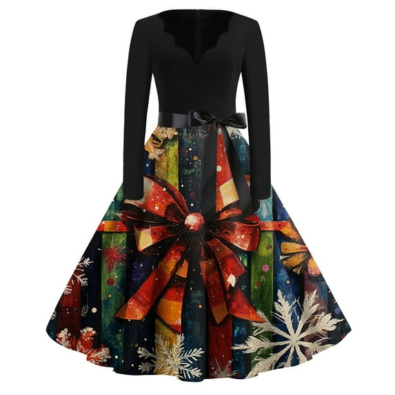 Qwertyu Ugly Christmas Dress Women Christmas Tree Graphic Vintage Swing Dress with Belt Lace Winter Party Dresses Deep Red 5XL