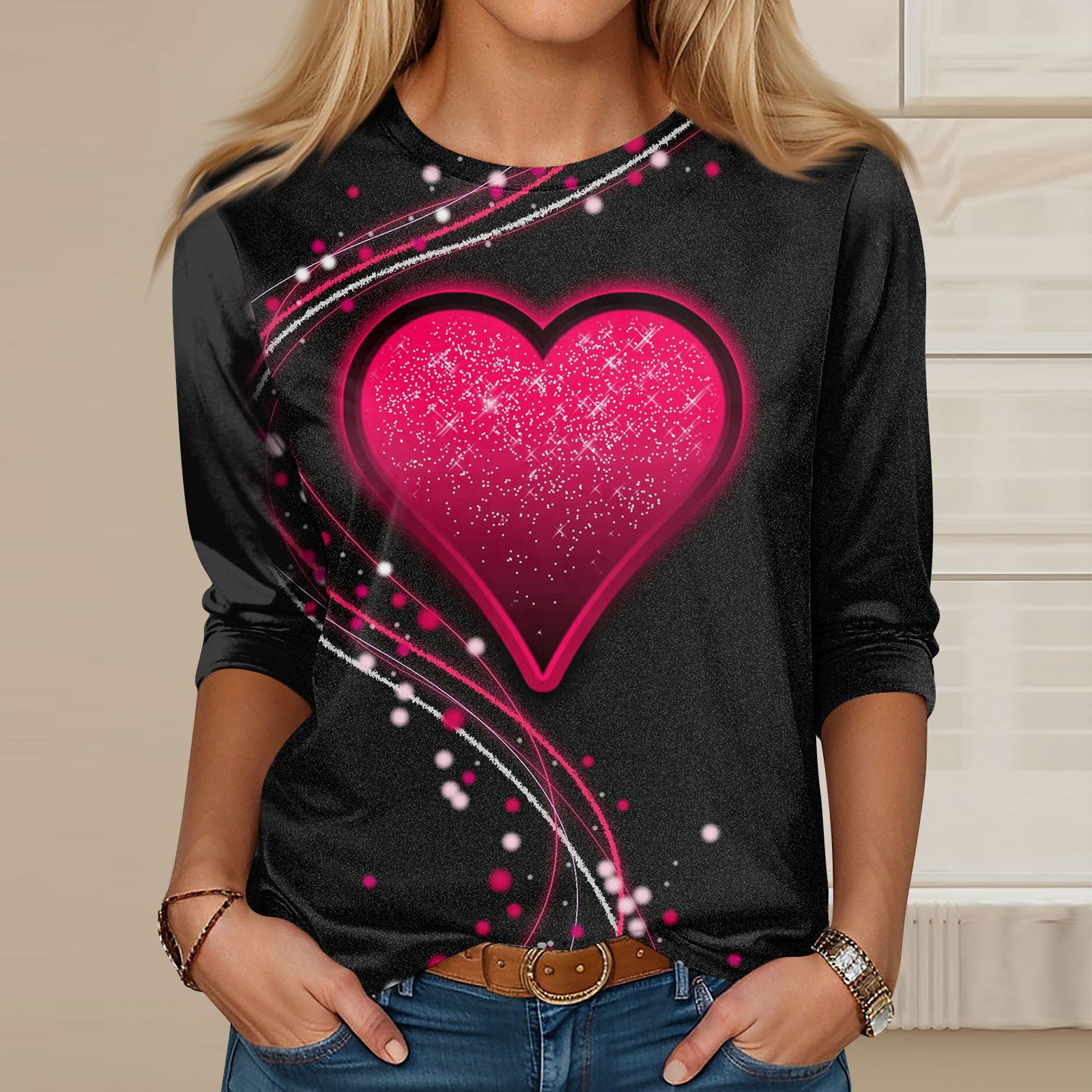Qwertyu Valentine Tee Shirts Hearts Love Graphic Printed Crew Neck