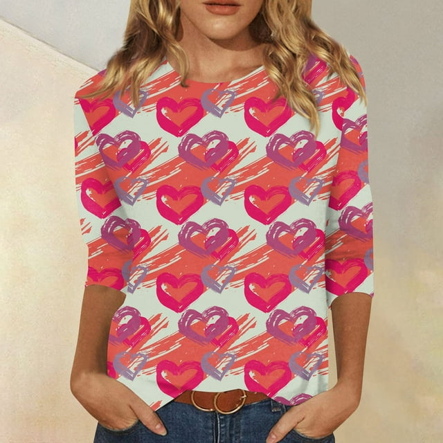 Qwertyu Valentines Day Shirt Love Hearts Graphic Printed Elbow 3/4 ...