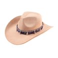thumbnail image 1 of Qwertyu Wide Brim Western Cowboy Cowgirl Hat with Wind Lanyard Felt Fedora Hat for Men Women Beige, 1 of 6