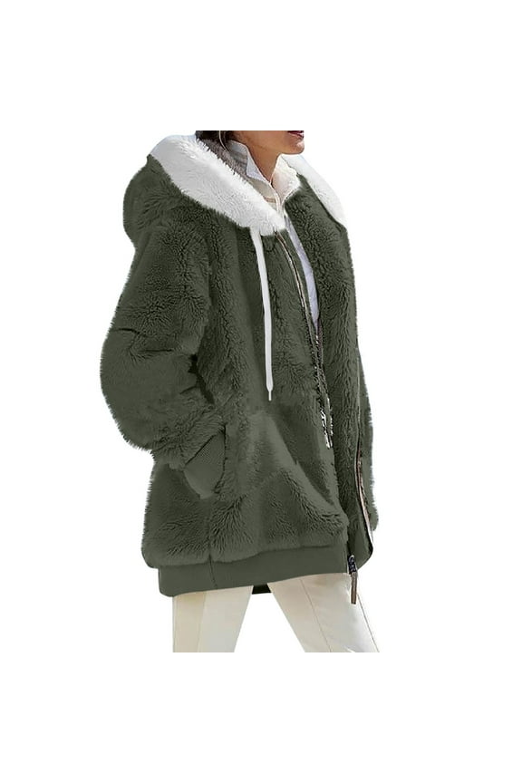 Winter Jacket Women Plus Size Fuzzy Fleece Jackets Long Coat Light Casual Fall Outerwear with Faux Fur Hood Army Green M