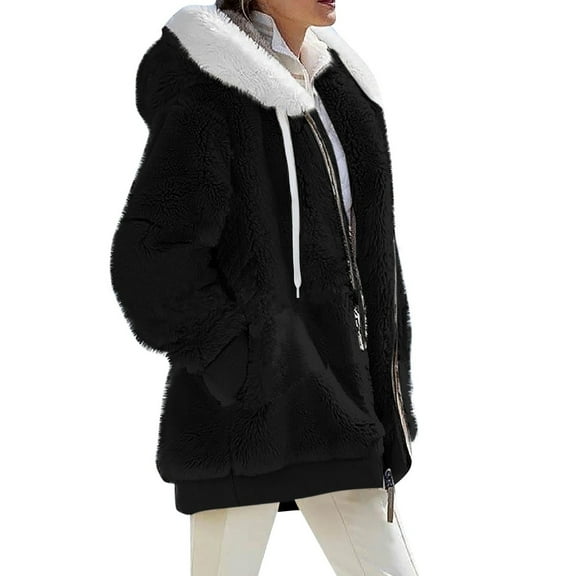Qwertyu Winter Jacket Women Plus Size Fuzzy Fleece Jackets Long Coat Light Casual Fall Outerwear with Faux Fur Hood Black 2XL