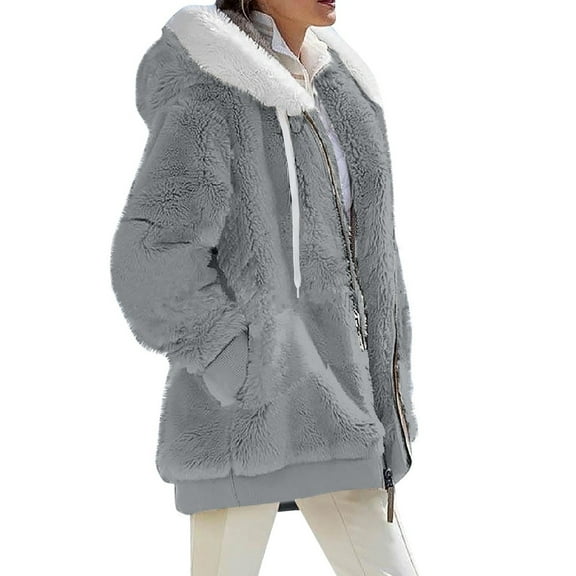 Qwertyu Winter Jacket Women Plus Size Fuzzy Fleece Jackets Long Coat Light Casual Fall Outerwear with Faux Fur Hood Light Gray S