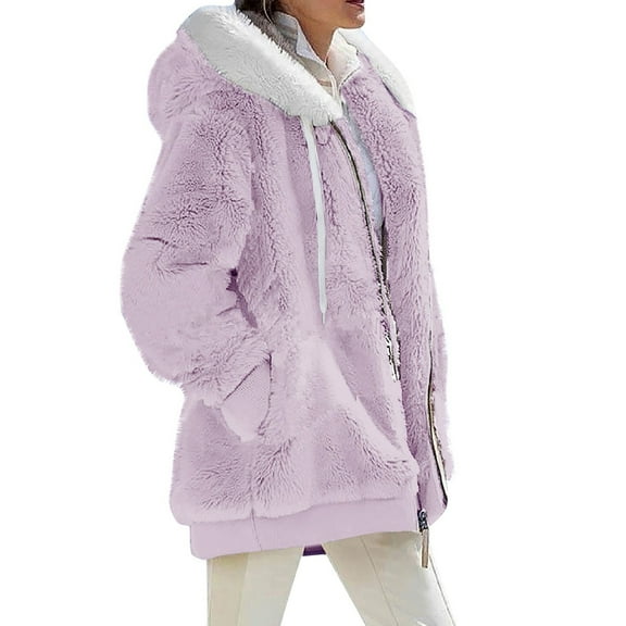 Qwertyu Winter Jacket Women Plus Size Fuzzy Fleece Jackets Long Coat Light Casual Fall Outerwear with Faux Fur Hood Light Purple S