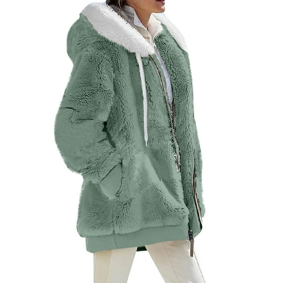 Qwertyu Winter Jacket Women Plus Size Fuzzy Fleece Jackets Long Coat Light Casual Fall Outerwear with Faux Fur Hood Mint Green 2XL