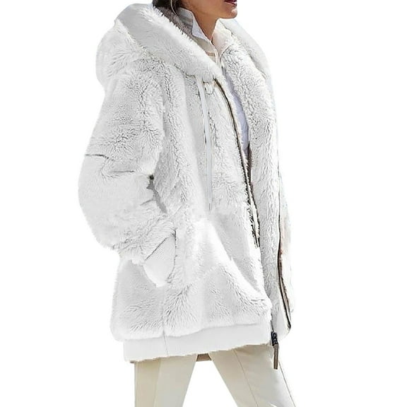 Qwertyu Winter Jacket Women Plus Size Fuzzy Fleece Jackets Long Coat Light Casual Fall Outerwear with Faux Fur Hood White 3XL