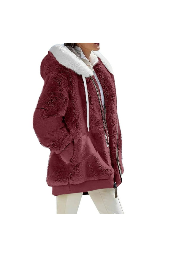 Winter Jacket Women Plus Size Fuzzy Fleece Jackets Long Coat Light Casual Fall Outerwear with Faux Fur Hood Wine 2XL
