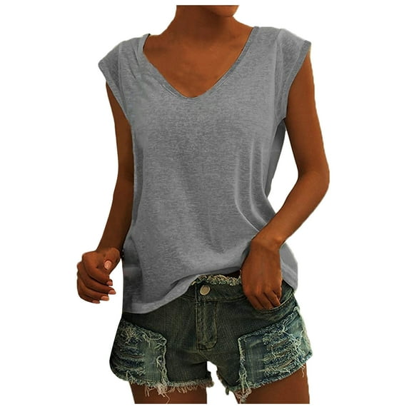 Qwertyu Tank Top for Women Solid Color V Neck Sleeveless Causal Sexy Shirts Hawaiian Beach Holiday Sports Workout Running Tees Summer Basic Tops Gray M