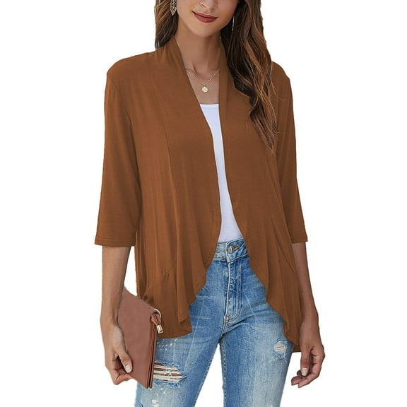 Qwertyu Women Cardigan 3/4 Sleeves Open Front Lightweight Cardigan Draped Ruffles Knit Cardigan Brown XL