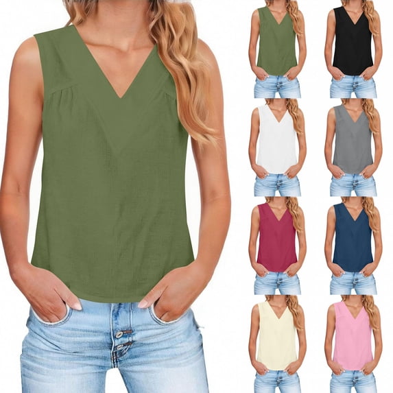 Qwertyu Women Cotton Linen Tank Tops V Neck Loose Causal Sleeveless Summer Tops Camisole Shirts 2026 Army Green 2XL