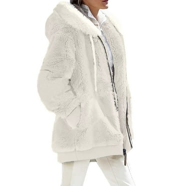 Qwertyu Women Fuzzy Fleece Jackets Winter Casual Oversized Fluffy Casual Coats Cardigan Warm Outerwear with Pockets Beige 4XL