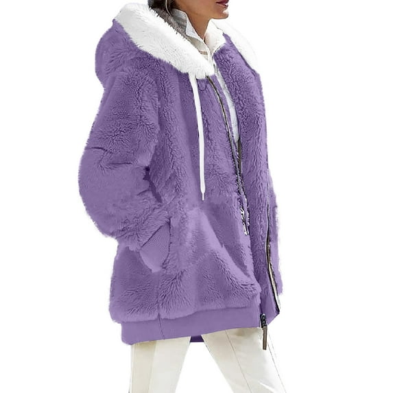 Qwertyu Women Fuzzy Fleece Jackets Winter Casual Oversized Fluffy Casual Coats Cardigan Warm Outerwear with Pockets Purple L