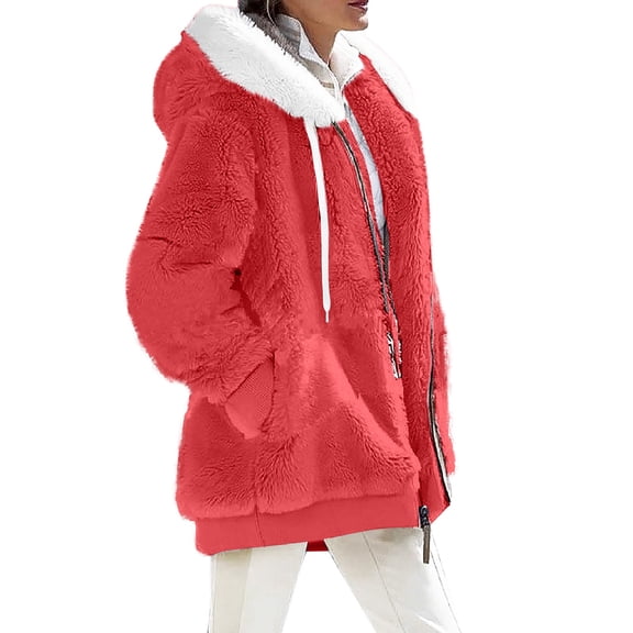 Qwertyu Women Fuzzy Fleece Jackets Winter Casual Oversized Fluffy Casual Coats Cardigan Warm Outerwear with Pockets Red 4XL