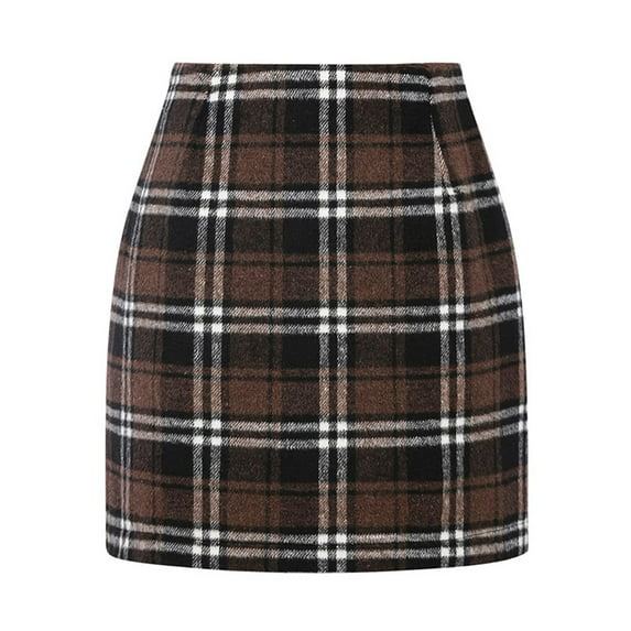 Qwertyu Women High Waist Plaid Skirt Bodycon Pencil Mini Skirts Vacation Holiday Female Dailywear Coffee S