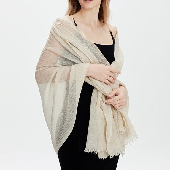 Qwertyu Women Lightweight Fleece Blend Scarf Soft Fashion Crinkle Shawl Wrap with Fringe Beige