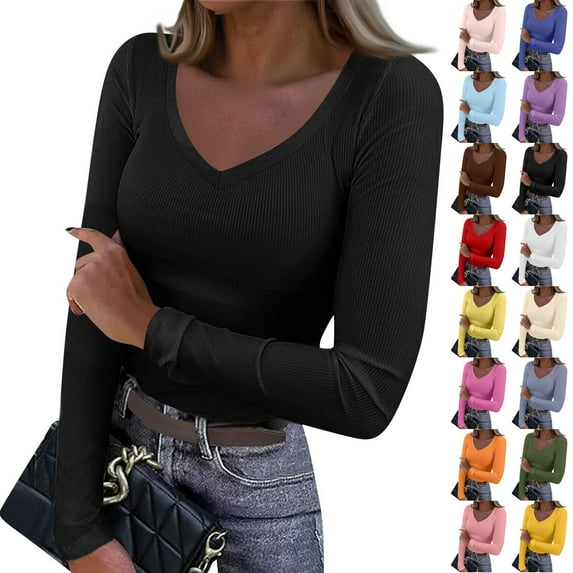 Qwertyu Women Long Sleeve Shirts Ribbed Knit V Neck Fitted Basic Tee Going Out Tops Casual Workout Shirt Red XL