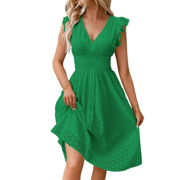 Qwertyu Women's 2025 Eyelet Lace Embroidery Smocked Waist Party Dress Sexy Flutter Sleeve A Line Midi Long Sun Dress Green 2XL