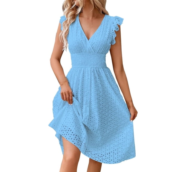 Qwertyu Women's 2025 Eyelet Lace Embroidery Smocked Waist Party Dress Sexy Flutter Sleeve A Line Midi Long Sun Dress Sky Blue S