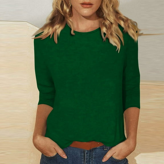 Qwertyu Women's Casual 3/4 Sleeve Length T-Shirts Tunic Tops Round Neck Loose Fit Basic Tee Solid Color Blouse for Work Daily Dark Green 2XL