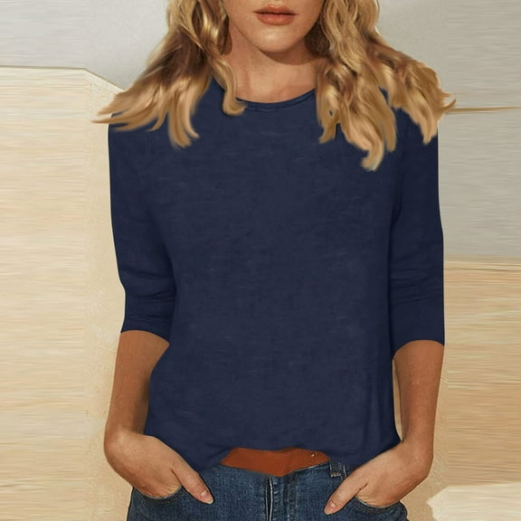 Qwertyu Women's Casual 3/4 Sleeve Length T-Shirts Tunic Tops Round Neck Loose Fit Basic Tee Solid Color Blouse for Work Daily Royal Blue 2XL