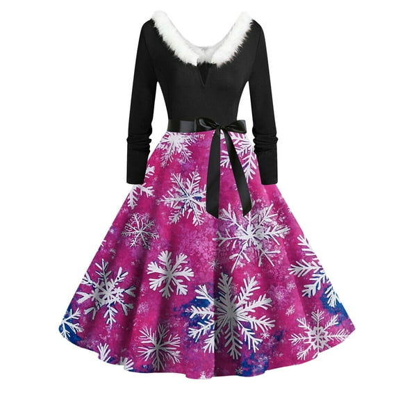 Qwertyu Women's Christmas Dresses Snowman Snowflake Graphic Retro Fall Dresses Long Sleeve Lace Christmas Party Dresses Hot Pink 2XL