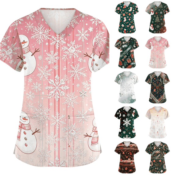 Hunour Pinter Qwertyu Women's Christmas Scrub Tops Short Sleeve V Neck Soft Side Slit ...