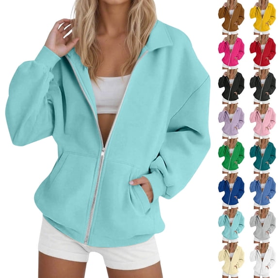 Qwertyu Women's Full Zip Up Hoodie Long Sleeve Elastic Cuff Hooded Sweatshirts Pockets Jacket Coat for Women Sky Blue S