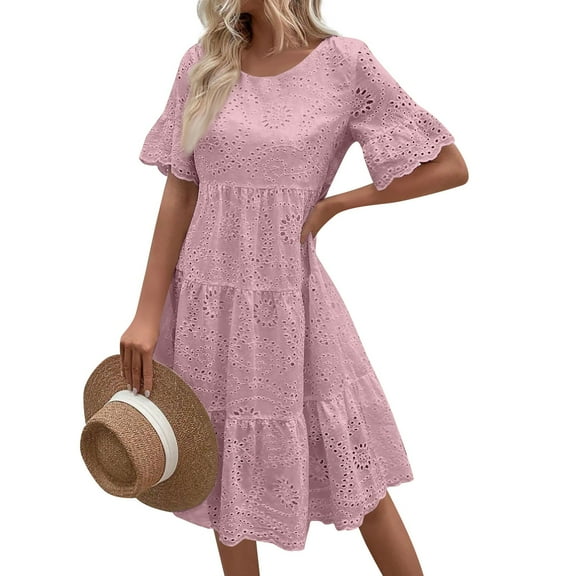 Qwertyu Women's Lace Eyelet Short Sleeve Tiered Midi Dresses Ruffle Hem Babydoll Summer Dresses Pink XL