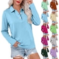 thumbnail image 1 of Qwertyu Women's Long Sleeve Polo Shirts Collared V Neck Golf Shirts Cotton Business Casual Work Tops Green S, 1 of 5