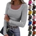thumbnail image 1 of Qwertyu Women's Long Sleeve Shirts Stretch Square Neck Ribbed Slim Fitted Casual Basic Tops Tee Army Green L, 1 of 7