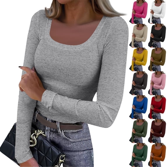 Qwertyu Women's Long Sleeve Shirts Stretch Square Neck Ribbed Slim Fitted Casual Basic Tops Tee Army Green L