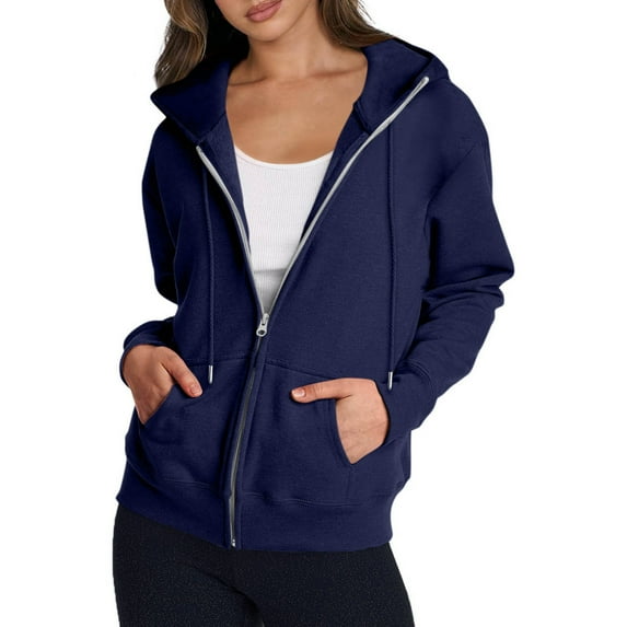 Qwertyu Women's Oversized Zip Up Hoodie Lightweight Thin Long Sleeve Hooded Sweatshirt with Pockets Navy S