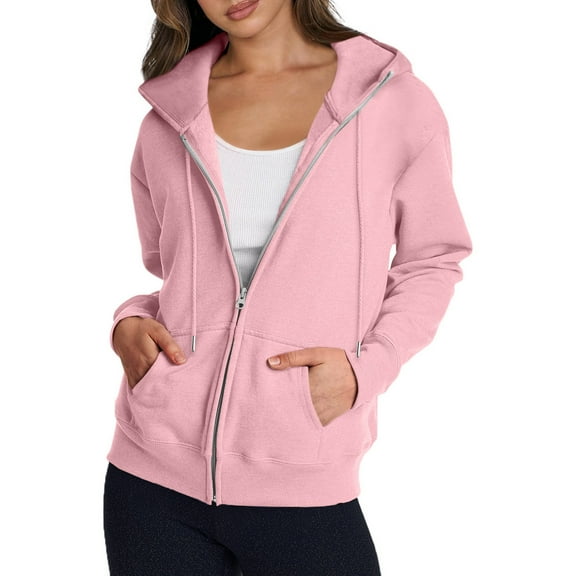 Qwertyu Women's Oversized Zip Up Hoodie Lightweight Thin Long Sleeve Hooded Sweatshirt with Pockets Pink 2XL