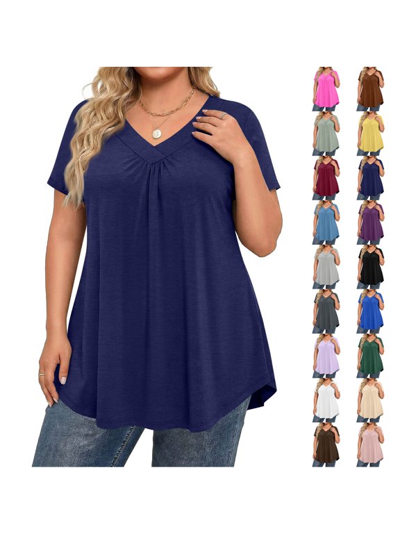 Women's Plus Size Tops Short Sleeve Tunic Shirts Trendy Flowy Pleated Casual V Neck Blouses Loose Blouses Brown XL