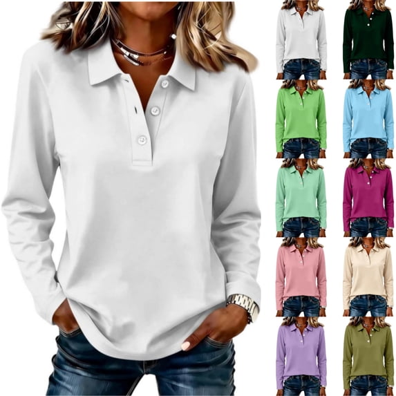 Qwertyu Women's Polo Shirts Long Sleeve Golf Shirt 3-Button Collared Cotton Lightweight Tennis Shirts Light Blue XL