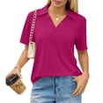 thumbnail image 1 of Qwertyu Women's Polo Shirts Short Sleeve V-Neck Business Casual Work Collared Tops Dressy Johnny Collar Cute Blouses Purple XL, 1 of 5