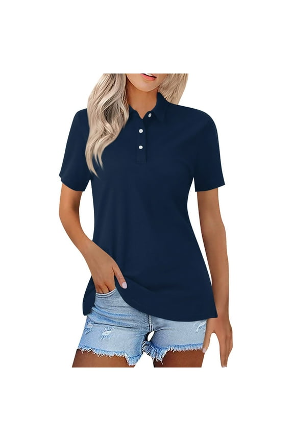 Women's Short Sleeve Polo Shirts Summer Button Down Collared Tops Casual Loose Tees Navy 3XL