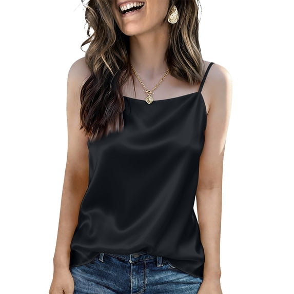 Qwertyu Women's Silk Satin Tank Tops Adjustable Spaghetti Strap Camisole Square Neck Causal Basic Blouse Black L